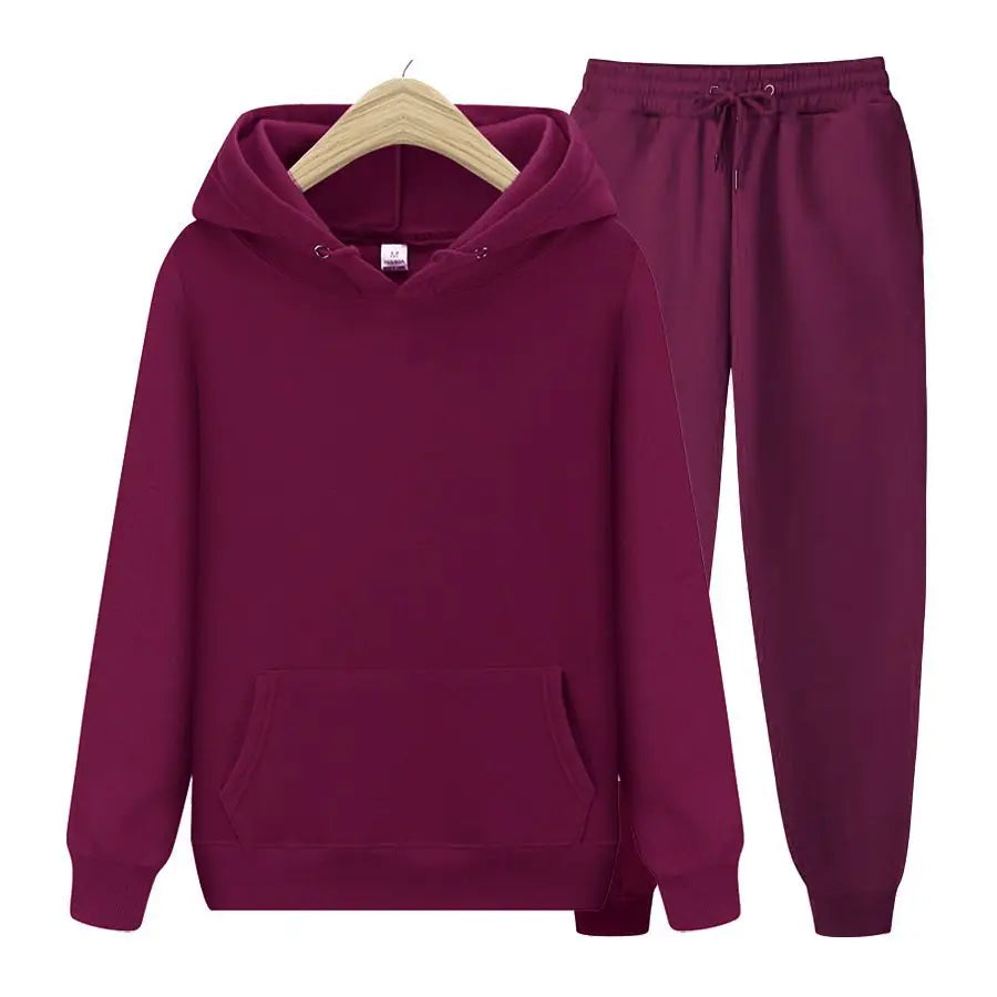Men Plain Hooded Sweatshirt Drawstring Jogger Pants Two Piece Sports Tracksuit Set