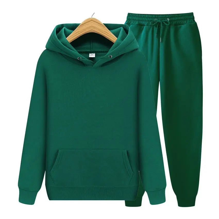Men Plain Hooded Sweatshirt Drawstring Jogger Pants Two Piece Sports Tracksuit Set