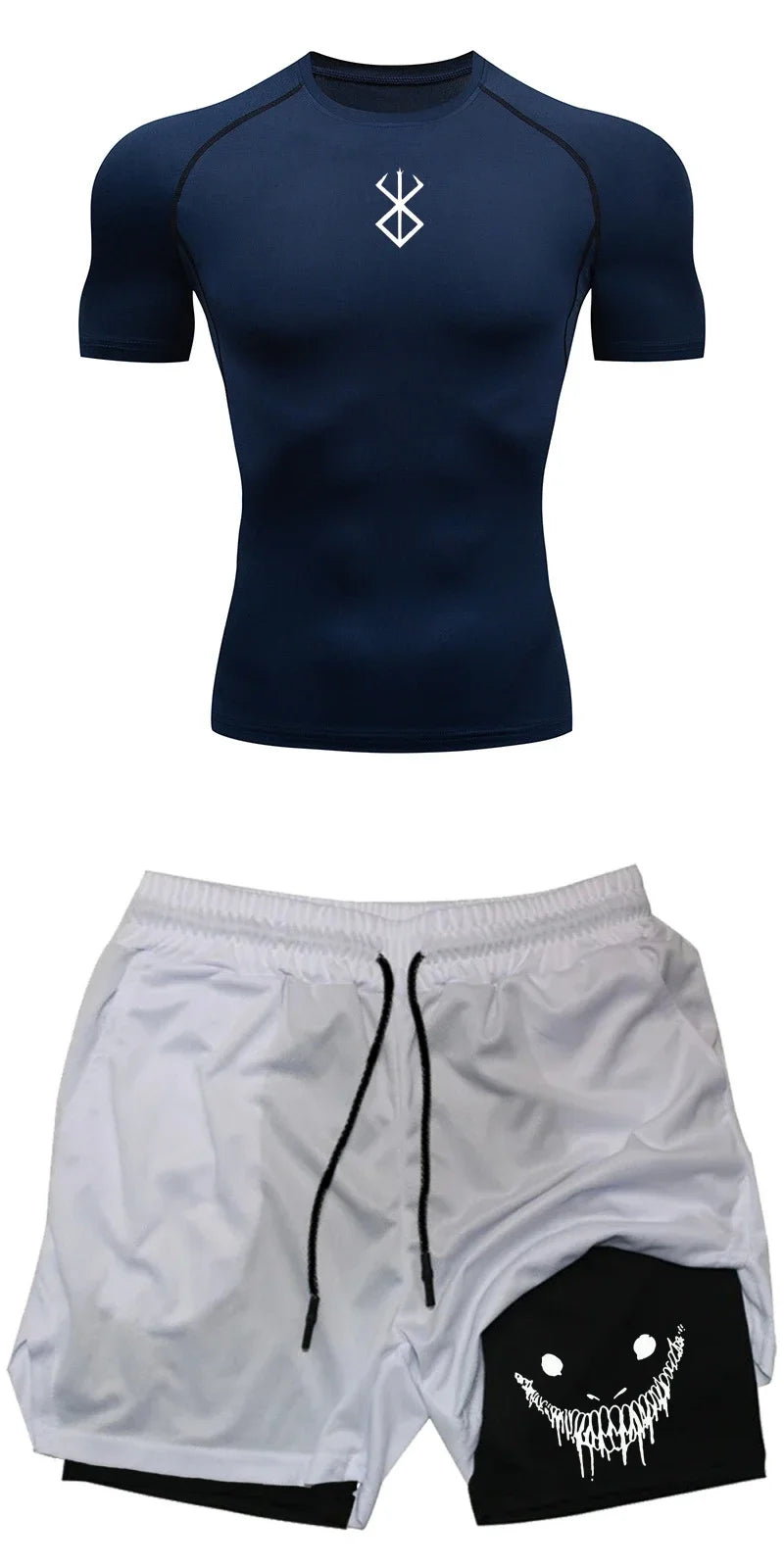 Men Compression Athletic Fitness Wear - Quick-Dry Tight Short-Sleeve Anime Double-Layer Shorts Summer Set Fitness Running Set