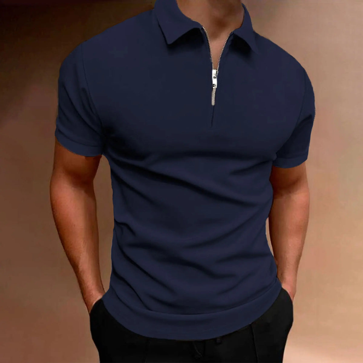 Men's polo shirt solid color short-sleeved zipper lapel T-shirt casual top