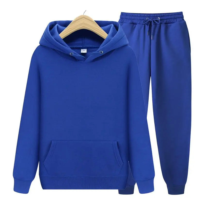 Men Plain Hooded Sweatshirt Drawstring Jogger Pants Two Piece Sports Tracksuit Set