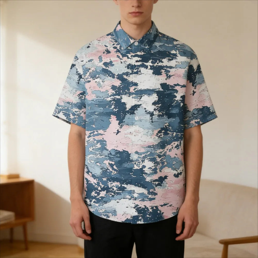 Trendy Men's Casual Shirt Abstract Geometric Camouflage Print Short Sleeve Relaxed Fit Button Down for Daily Wear, Urban Style
