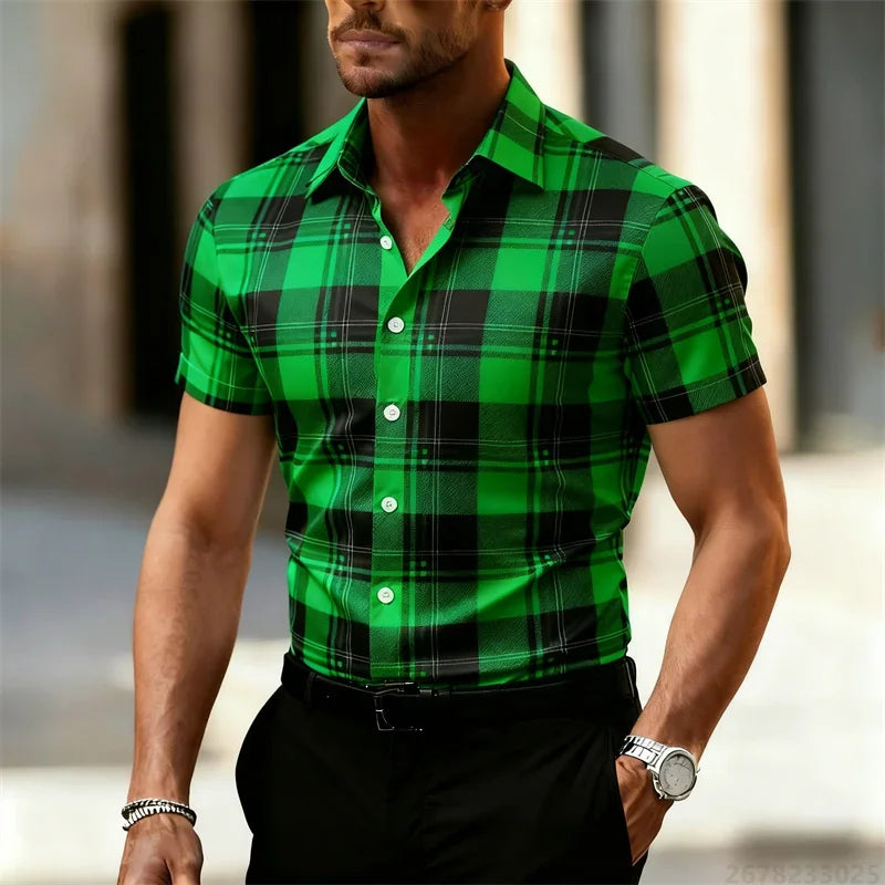 Men's Minimalist 3D Printed Plaid Shirt, Street Style Casual Shirt, Suitable for Summer Vacation Travel, Quick-Drying Beachwear.