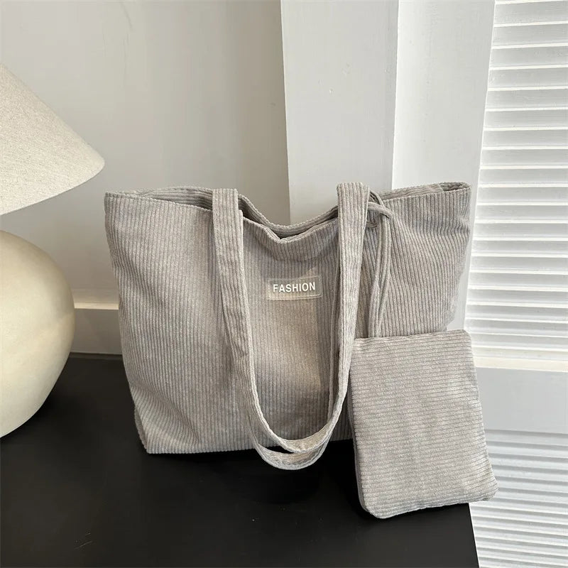 Corduroy Large Capacity Tote Bags with Small Pouch, Fashion Soft Shopping Handbag for School, Work Daily Casual Shoulder Purse