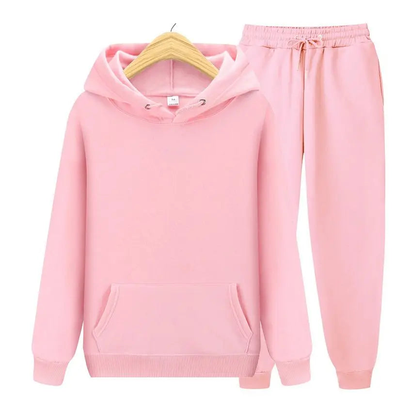 Men Plain Hooded Sweatshirt Drawstring Jogger Pants Two Piece Sports Tracksuit Set