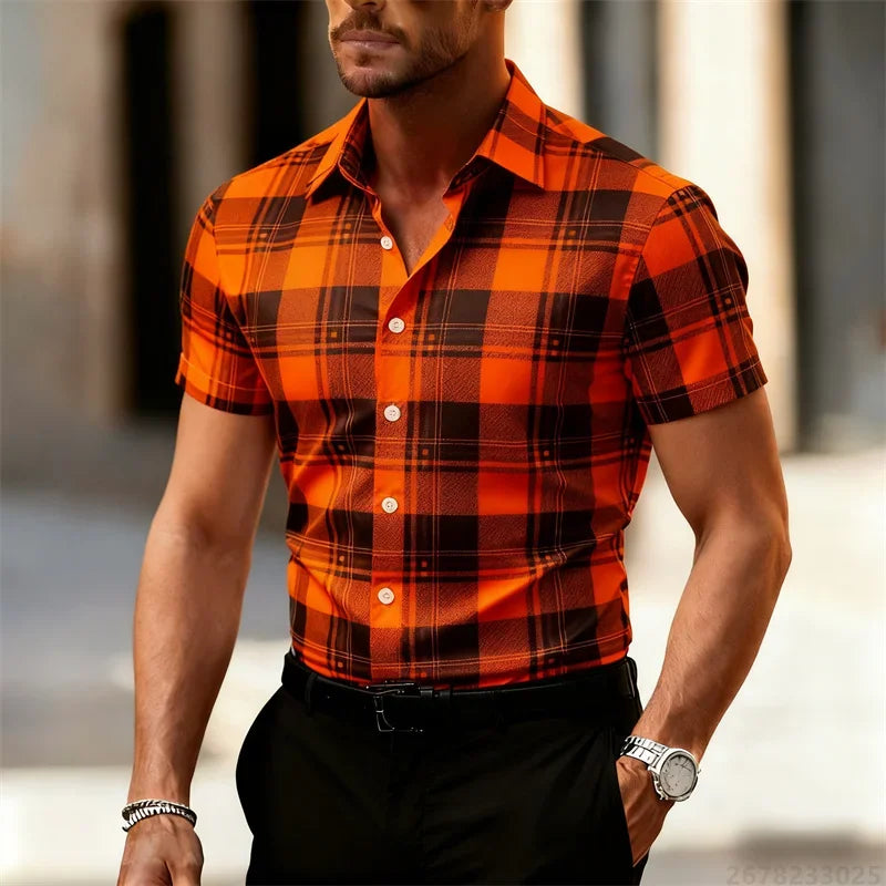 Men's Minimalist 3D Printed Plaid Shirt, Street Style Casual Shirt, Suitable for Summer Vacation Travel, Quick-Drying Beachwear.