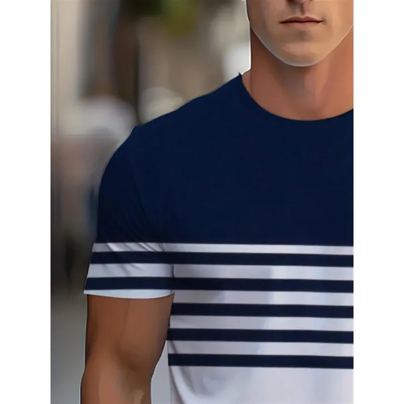 for Men Minimalist Abstract T Shirt Navy Blue White Striped Round Neck Short Sleeve Modern Geometric Print Casual Daily Wear