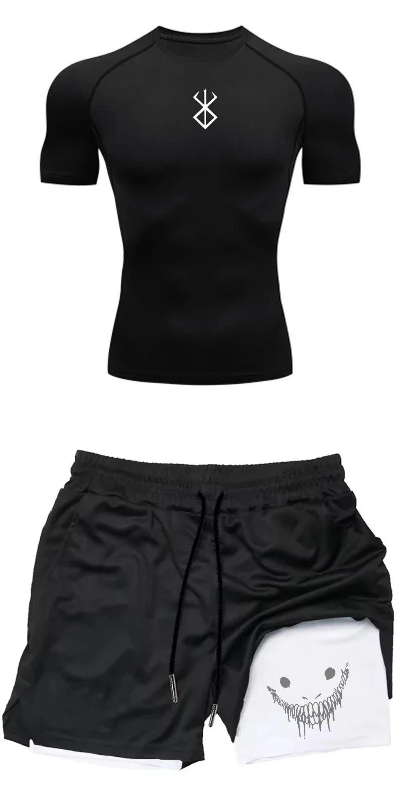 Men Compression Athletic Fitness Wear - Quick-Dry Tight Short-Sleeve Anime Double-Layer Shorts Summer Set Fitness Running Set