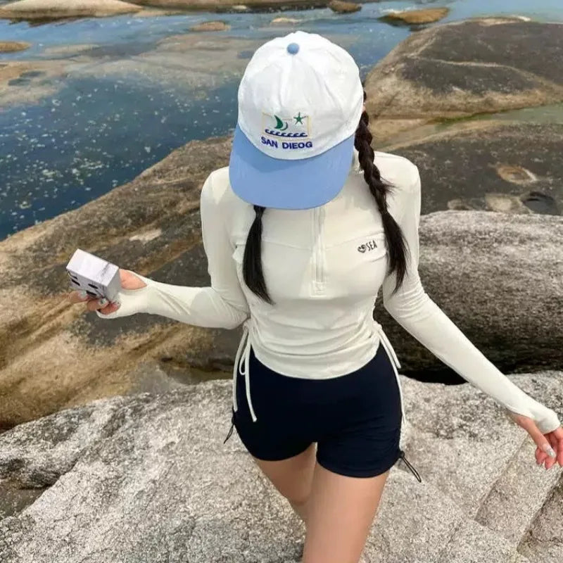 Swimwear Sports Style Long Sleeved Sunscreen Fashion Two-piece Set Women Conservative Slimming Effect Drawstring Flat Corner