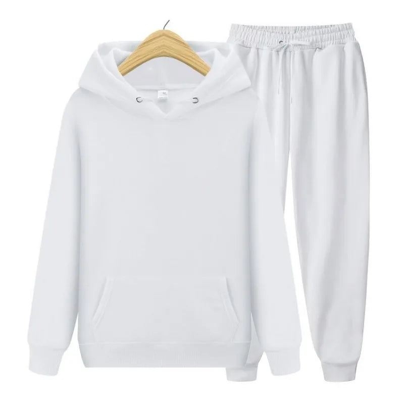 Men Plain Hooded Sweatshirt Drawstring Jogger Pants Two Piece Sports Tracksuit Set
