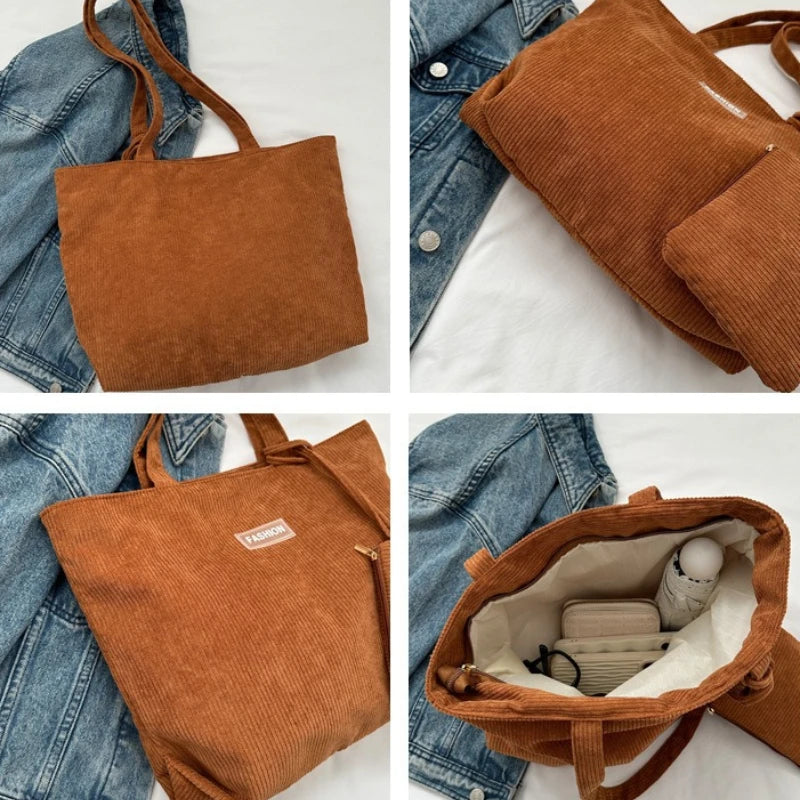 Corduroy Large Capacity Tote Bags with Small Pouch, Fashion Soft Shopping Handbag for School, Work Daily Casual Shoulder Purse