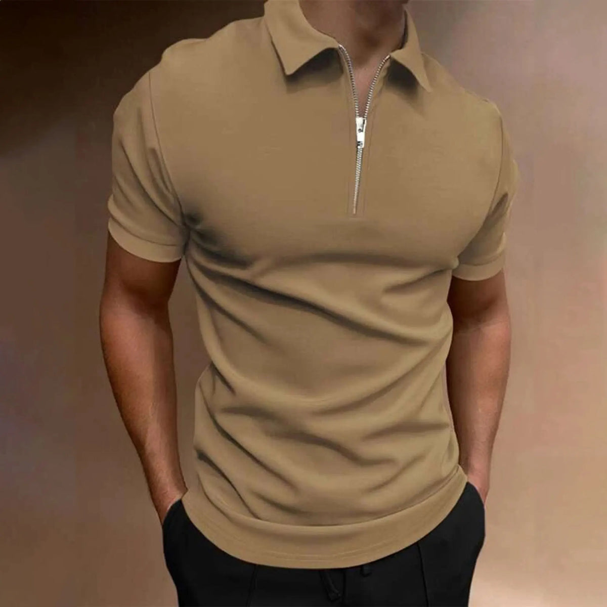 Men's polo shirt solid color short-sleeved zipper lapel T-shirt casual top