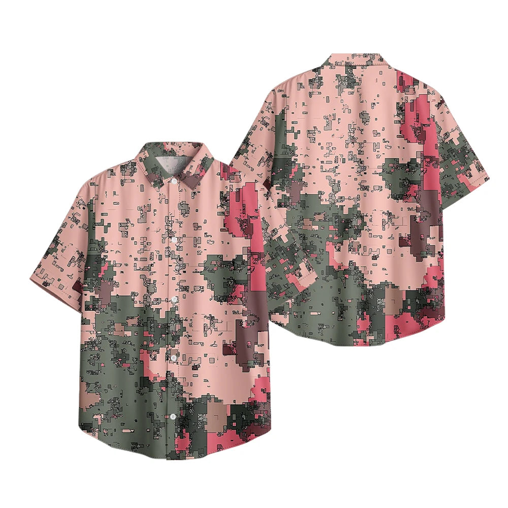Trendy Men's Casual Shirt Abstract Geometric Camouflage Print Short Sleeve Relaxed Fit Button Down for Daily Wear, Urban Style