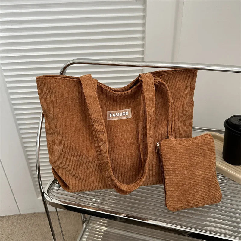 Corduroy Large Capacity Tote Bags with Small Pouch, Fashion Soft Shopping Handbag for School, Work Daily Casual Shoulder Purse
