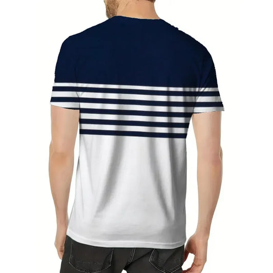 for Men Minimalist Abstract T Shirt Navy Blue White Striped Round Neck Short Sleeve Modern Geometric Print Casual Daily Wear