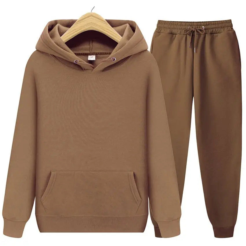 Men Plain Hooded Sweatshirt Drawstring Jogger Pants Two Piece Sports Tracksuit Set