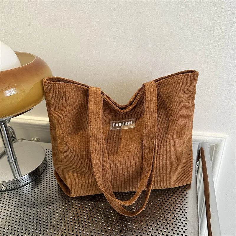 Corduroy Large Capacity Tote Bags with Small Pouch, Fashion Soft Shopping Handbag for School, Work Daily Casual Shoulder Purse