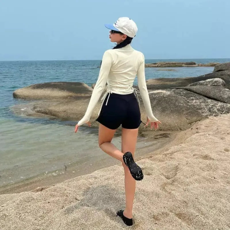 Swimwear Sports Style Long Sleeved Sunscreen Fashion Two-piece Set Women Conservative Slimming Effect Drawstring Flat Corner