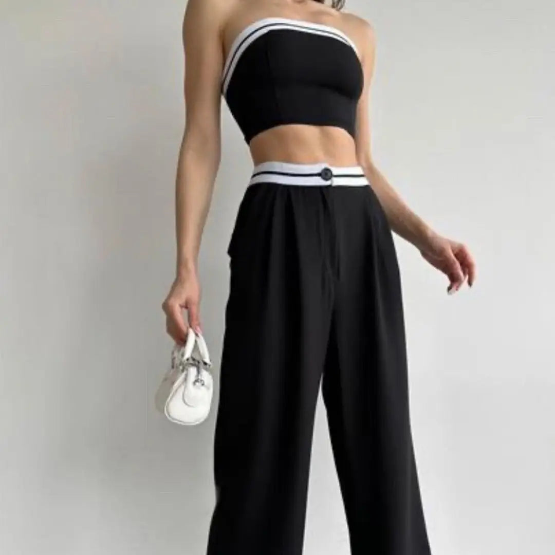 Hot Girls Wear Sports Vests Tube Tops Contrasting Colors High-waisted Wide-leg Trousers and Casual Two-piece Suits