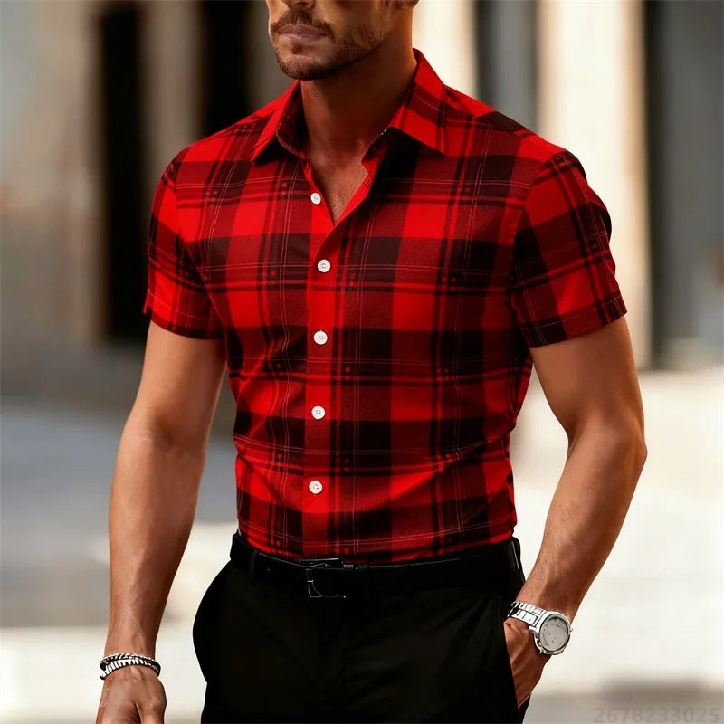 Men's Minimalist 3D Printed Plaid Shirt, Street Style Casual Shirt, Suitable for Summer Vacation Travel, Quick-Drying Beachwear.