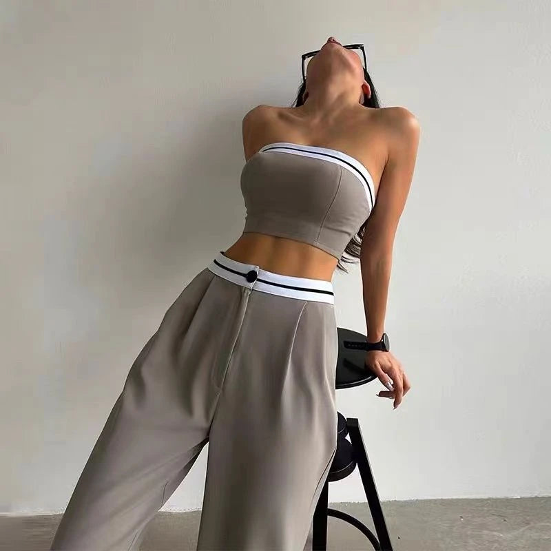 Hot Girls Wear Sports Vests Tube Tops Contrasting Colors High-waisted Wide-leg Trousers and Casual Two-piece Suits