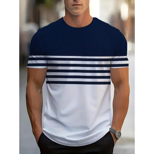 for Men Minimalist Abstract T Shirt Navy Blue White Striped Round Neck Short Sleeve Modern Geometric Print Casual Daily Wear