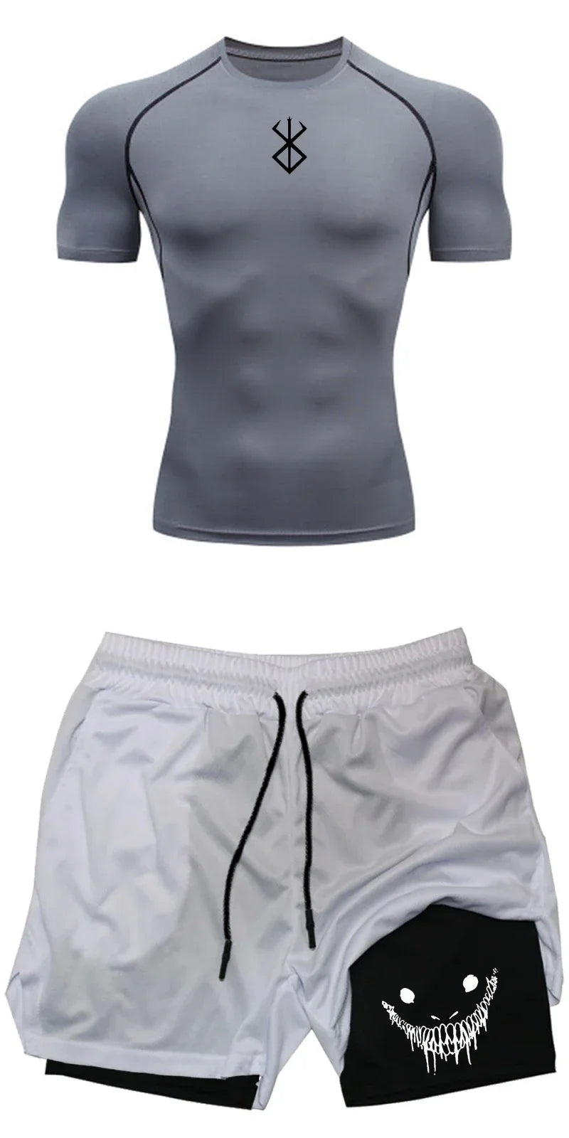 Men Compression Athletic Fitness Wear - Quick-Dry Tight Short-Sleeve Anime Double-Layer Shorts Summer Set Fitness Running Set