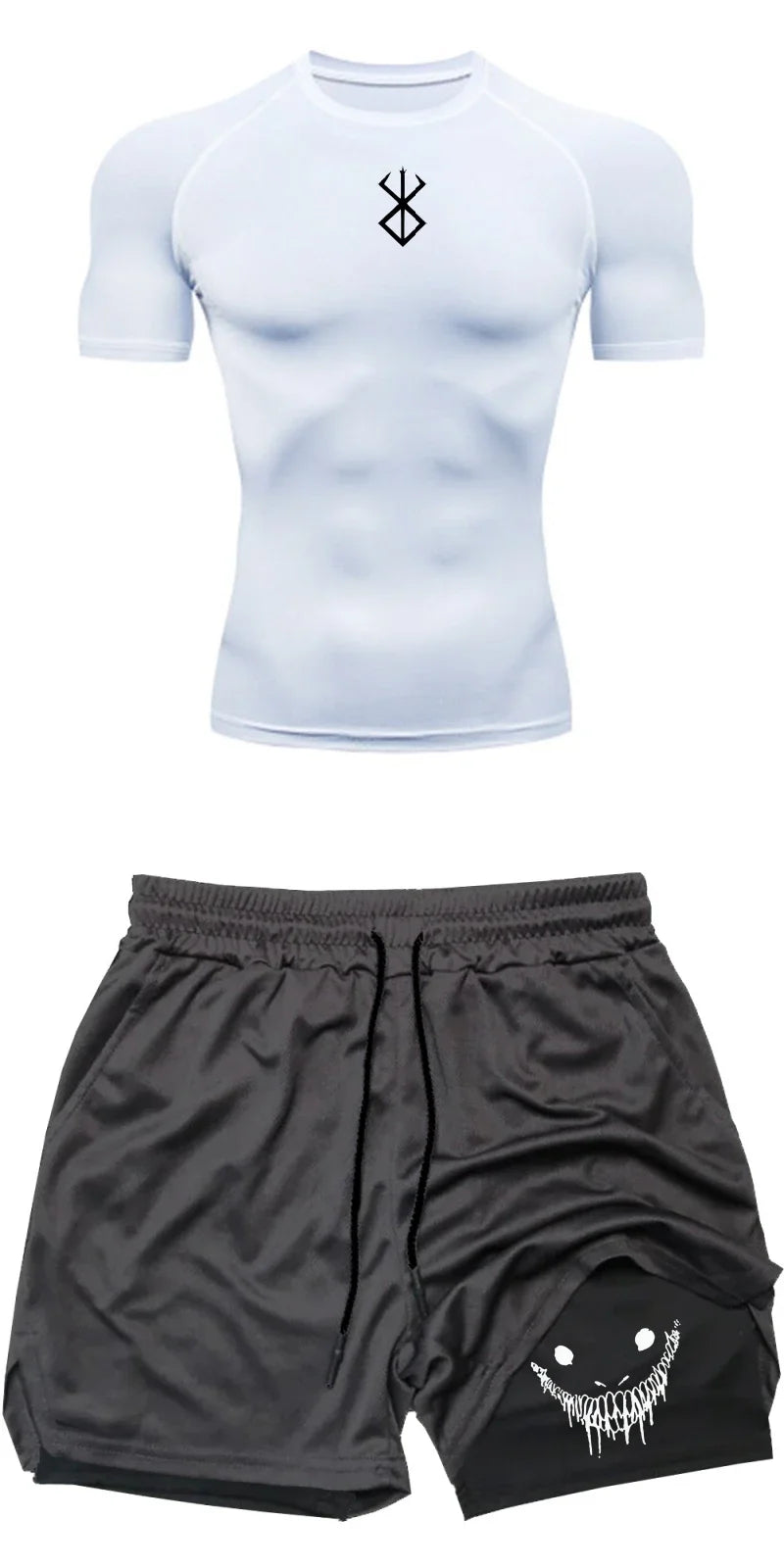 Men Compression Athletic Fitness Wear - Quick-Dry Tight Short-Sleeve Anime Double-Layer Shorts Summer Set Fitness Running Set