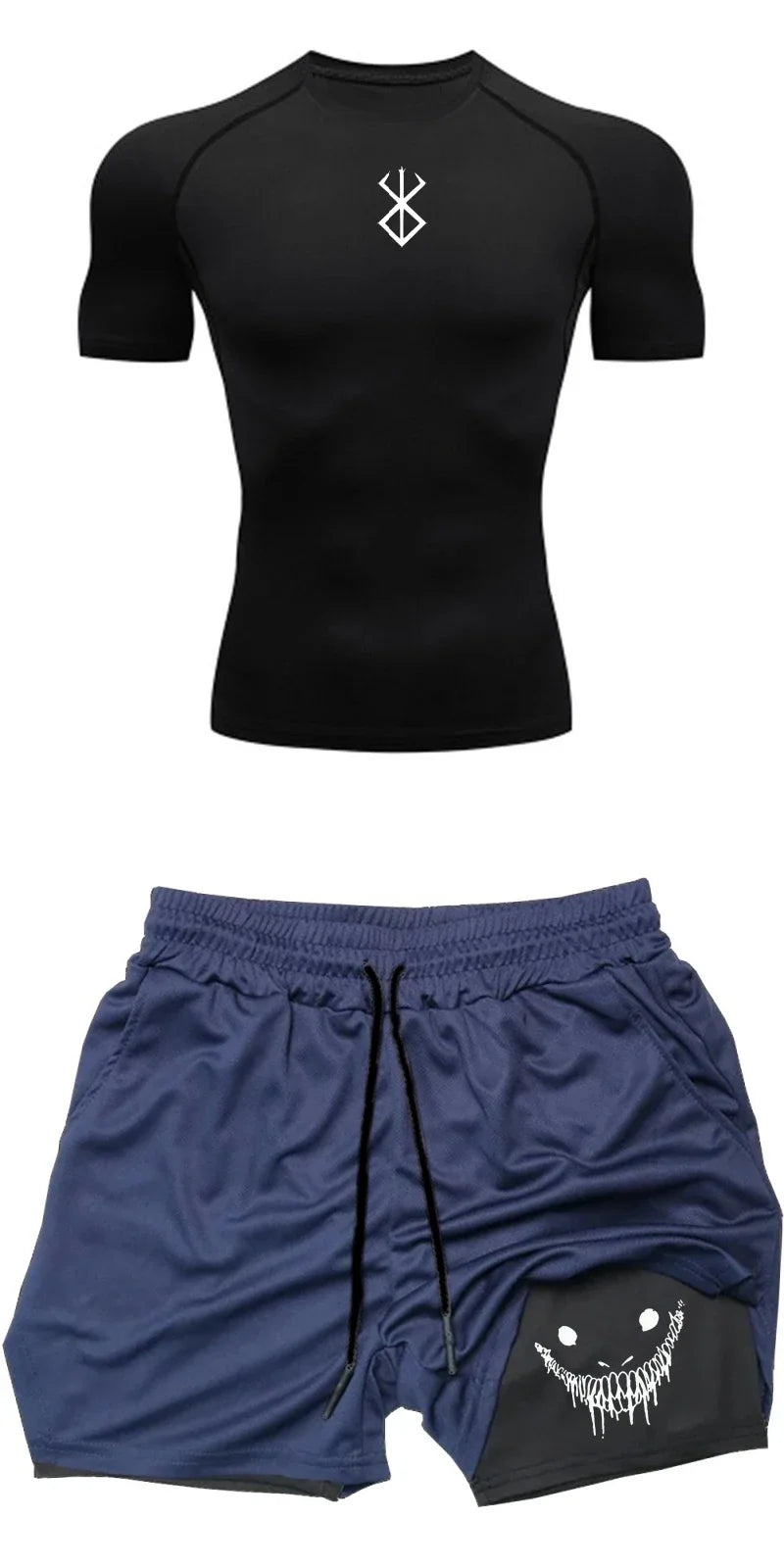 Men Compression Athletic Fitness Wear - Quick-Dry Tight Short-Sleeve Anime Double-Layer Shorts Summer Set Fitness Running Set