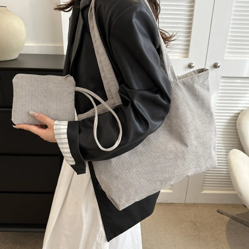 Corduroy Large Capacity Tote Bags with Small Pouch, Fashion Soft Shopping Handbag for School, Work Daily Casual Shoulder Purse