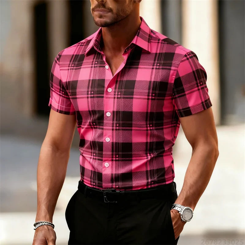 Men's Minimalist 3D Printed Plaid Shirt, Street Style Casual Shirt, Suitable for Summer Vacation Travel, Quick-Drying Beachwear.