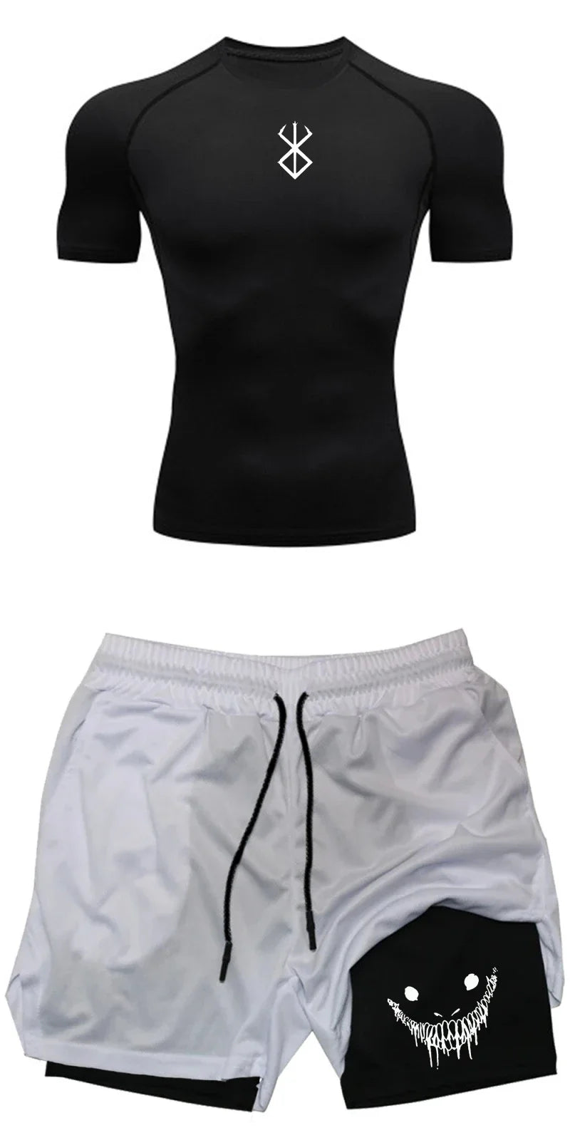 Men Compression Athletic Fitness Wear - Quick-Dry Tight Short-Sleeve Anime Double-Layer Shorts Summer Set Fitness Running Set