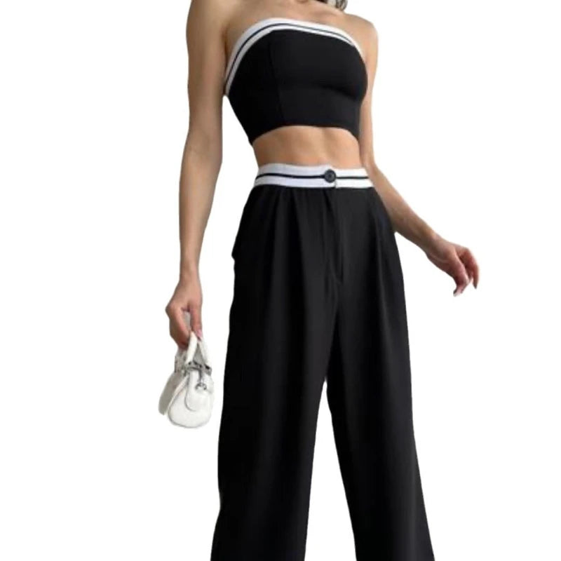 Hot Girls Wear Sports Vests Tube Tops Contrasting Colors High-waisted Wide-leg Trousers and Casual Two-piece Suits