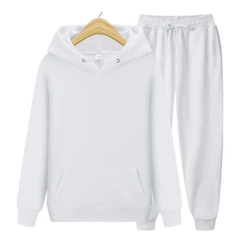 Men Plain Hooded Sweatshirt Drawstring Jogger Pants Two Piece Sports Tracksuit Set